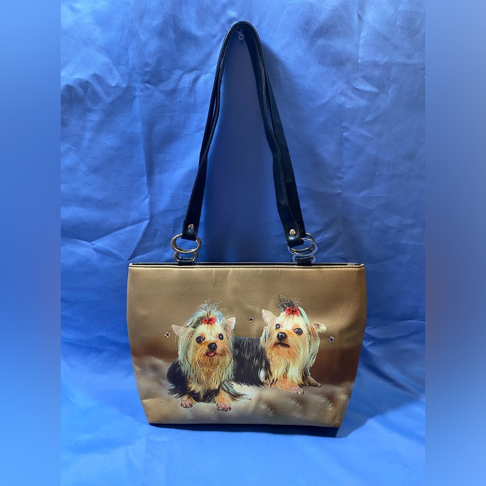 Two Yorkie  Handbag Shoulder Bag Purse Black Multicolor Dogs